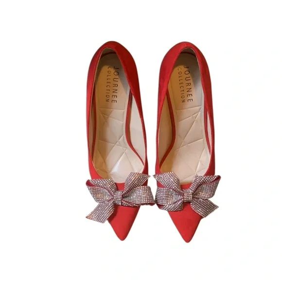 Journee Collection Marcie Red Pumps Women Size 7.5 Rhinestone Bow Stiletto Heels - Picture 2 of 6